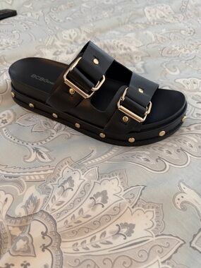 BCBGeneration Black Double-Buckle Platform Slide Sandals